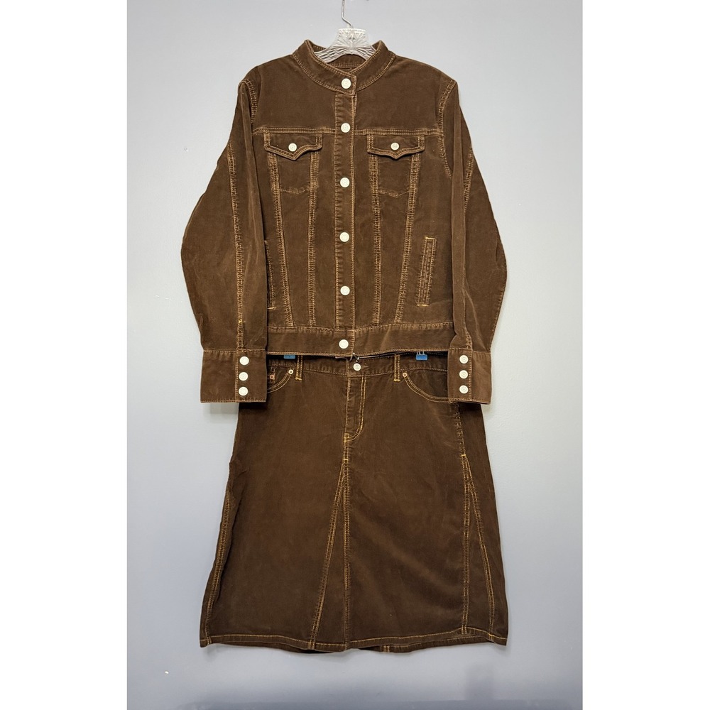 Y2K Vintage Gap Corduroy Jacket Skirt Set Womens XL Choc Brown Stretch 2 Piece